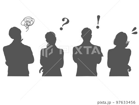 疑問符や感嘆符が付いた男性と女性会社員の上半身のシルエットセット 疑問符や感嘆符が付いた男性と女性会社員の上半身のシルエットセット 97633456