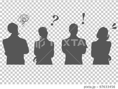 Upper body silhouette set of male and female office workers with question marks and exclamation marks 97633456