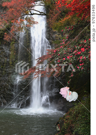 兎と紅葉と箕面の滝 97633496