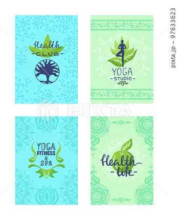 Yoga spa flyer design, vector illustration. Health wellness background banner set, beauty salon card with nature decoration element. 97633623
