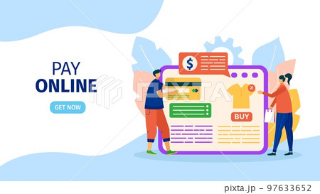 Pay online, vector illustration. People character make payment in internet flat store by electrical device app, web page concept. 97633652