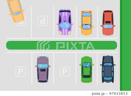 Parking, road at top view, vector illustration. Auto transportation at street, car cartoon transport at urban traffic. Drive vehicle to city park Parking, road at top view, vector illustration. Auto transportation at street, car cartoon transport at urban traffic. Drive vehicle to city park 97633653