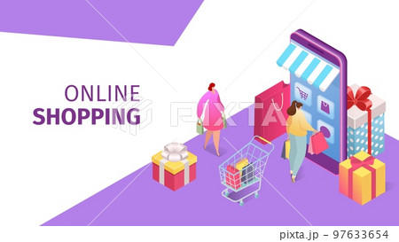 Online shopping technology, flat people use smartphone app concept vector illustration. Mobile business store in internet, man woman charcater 97633654
