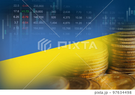 Ukraine flag with stock market finance, economy trend graph digital technology. 97634498