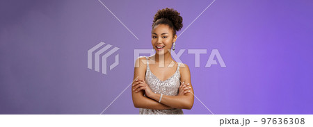 Stylish lucky happy attractive african-american female in glittering silver night-dress cross arms chest self-assured arrogant smiling delighted rejoicing nice interesting evening, satisfied Stylish lucky happy attractive african-american female in glittering silver night-dress cross arms chest self-assured arrogant smiling delighted rejoicing nice interesting evening, satisfied 97636308