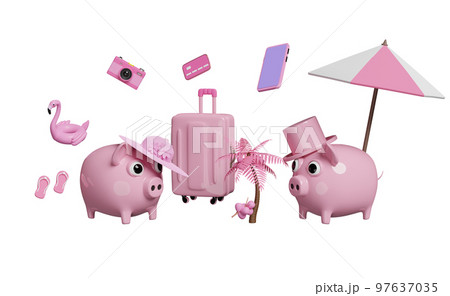 piggy bank with coconut, suitcase, camera, Inflatable flamingo, credit card, sandals, hat, coin isolated. save money for summer travel vacation concept, 3d illustration, 3d render 97637035