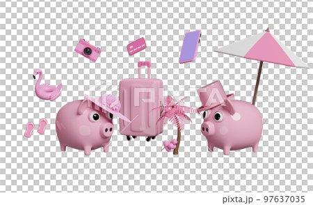 piggy bank with coconut, suitcase, camera, Inflatable flamingo, credit card, sandals, hat, coin isolated. save money for summer travel vacation concept, 3d illustration, 3d render 97637035
