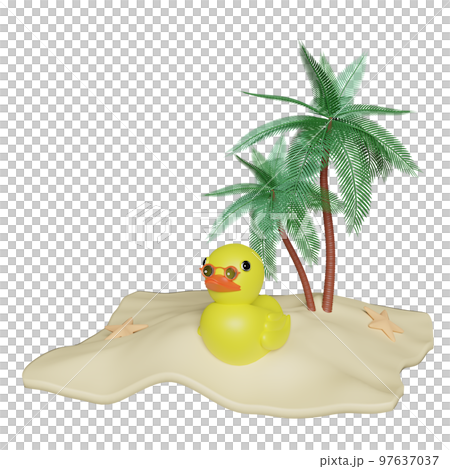 Beach with palm tree, seaside, yellow duck, starfish, sunglasses isolated. summer travel concept, 3d illustration or 3d render Beach with palm tree, seaside, yellow duck, starfish, sunglasses isolated. summer travel concept, 3d illustration or 3d render 97637037