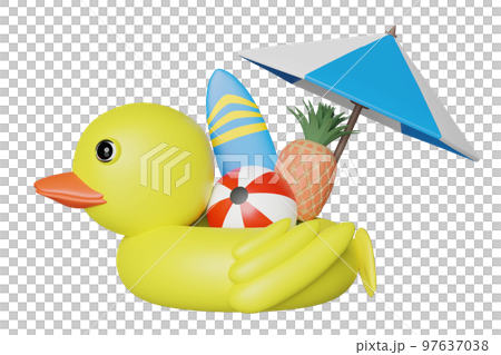 yellow inflatable duck with umbrella, ball, pineapple, surfboard isolated. summer travel concept, 3d illustration or 3d render yellow inflatable duck with umbrella, ball, pineapple, surfboard isolated. summer travel concept, 3d illustration or 3d render 97637038