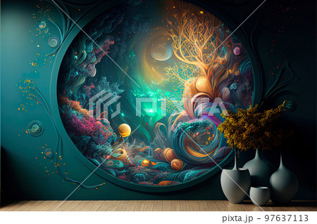 fantastic design creative interior with a portal on the wall leading to another dimension fantastic design creative interior with a portal on the wall leading to another dimension 97637113