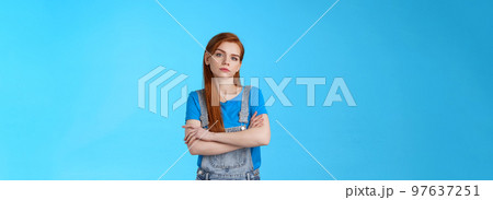 Serious-looking professional bossy redhead female skilfull girl, cross arms confident self-assured pose, look camera no emotions strict determined, aim win, stand blue background encouraged Serious-looking professional bossy redhead female skilfull girl, cross arms confident self-assured pose, look camera no emotions strict determined, aim win, stand blue background encouraged 97637251