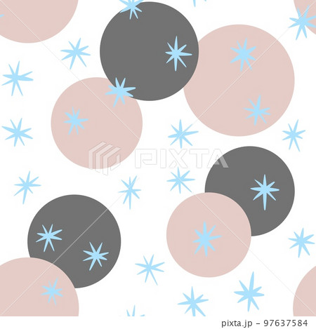 Hand drawn seamless pattern with grey beige round circles blue snow snowsflakes on white background. Retro vintage mid century modern design, abstract geometric fabric print, creative winter art. Hand drawn seamless pattern with grey beige round circles blue snow snowsflakes on white background. Retro vintage mid century modern design, abstract geometric fabric print, creative winter art. 97637584