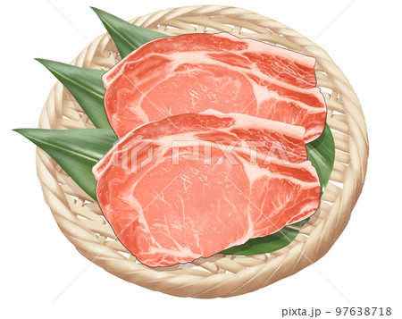 豚ロース肉スライス2枚を竹ザルに載せた美味しそうなリアルテイストの手描きイラスト 豚ロース肉スライス2枚を竹ザルに載せた美味しそうなリアルテイストの手描きイラスト 97638718