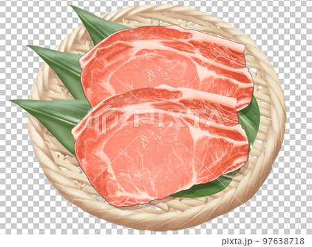A hand-drawn illustration of a delicious-looking realistic taste of two slices of pork loin on a bamboo colander 97638718