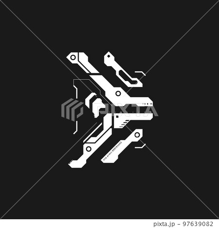 Cyberpunk arrow. Cyberpunk interface element. Futuristic pointer, direction. Tech style arrow for design of game UI, poster, banner. Sci-fi style element. Tech aesthetics. Vector 97639082