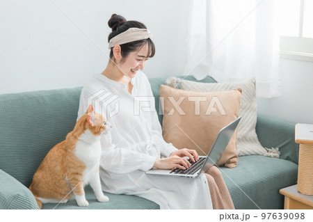 家で猫と一緒にテレワーク・リモートワークする女性 97639098