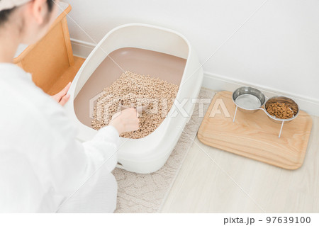 猫用トイレの猫砂を掃除するアジア人女性 97639100