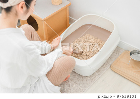 猫用トイレの猫砂を掃除するアジア人女性 猫用トイレの猫砂を掃除するアジア人女性 97639101