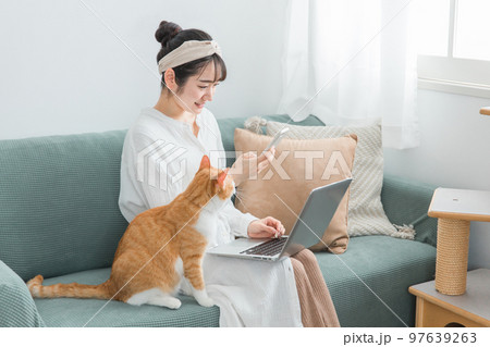 家で猫と一緒にテレワーク・リモートワークする女性（パソコン・スマホ） 97639263