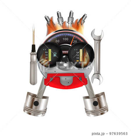 Vector concept of brake disc with caliper and speedometer isolated on white background. 97639563