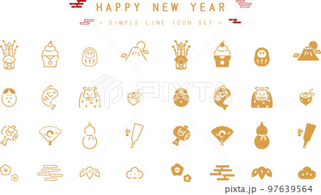 日本の正月をモチーフにしたシンプルラインアイコンセット（金） 97639564