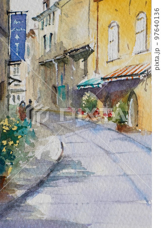 南フランスの小さな村 水彩画 風景画のイラスト素材 [97640136
