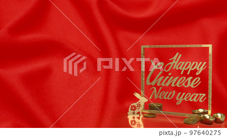 The gold rabbit and vintage Chinese money on red background  3d rendering 97640275