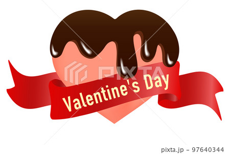 バレンタインロゴ　溶けたチョコレートがかかったピンクのハートと赤いリボン 97640344