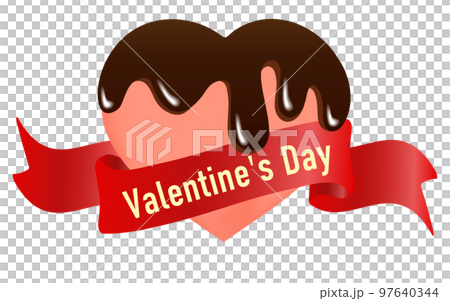 バレンタインロゴ　溶けたチョコレートがかかったピンクのハートと赤いリボン 97640344