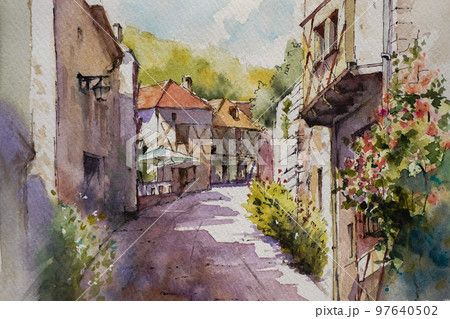 南フランスの小さな村 水彩画 風景画のイラスト素材 [97640502] - PIXTA