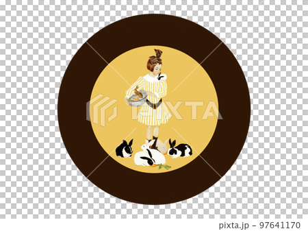 Girl feeding rabbits Circular package design 97641170