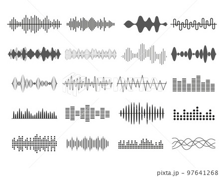 Music sound. Audio equalizer. Radio soundwave. Voice frequency. Waveform icons. DJ mixer. Musical beat charts set. Wavelength signal. Abstract stereo pulse shapes. Vector line pattern 97641268