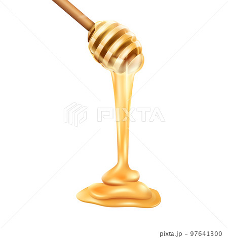 Honey drop, wood drip, gold syrup. Liquid golden orange food, healthy wood spoon stick, fresh natural dessert. Liquid dripping. Cooking ingredient 3d element. Vector realistic illustration 97641300