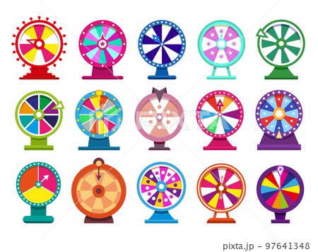 Wheel spin roulette set, lottery game isolated flat elements. Win prize in lucky casino, arrow like a money chance, luck turn. Bright colors target. Vector illustration online gamble objects 97641348