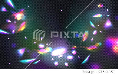 Diamond lights. Sparkle rainbow effect. Crystal glow prism. Neon flare. Gem camera filter. Iridescent or gradient glare. Color spectrum flashes. Vector abstract transparent background 97641351