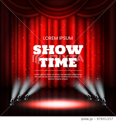 Red theater curtains, broadway casino background. Showtime award, cinema star lights, luxury open show hall. Drapery and spotlights. Banner template. Vector background 3D elements 97641357