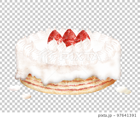 イチゴが乗った白い生クリームケーキの手描き水彩画 97641391