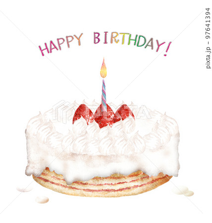 一本のローソク付き白い生クリームケーキの手描き水彩画 97641394