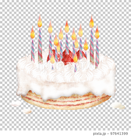 Hand-painted watercolor painting of fresh cream cake with many candles 97641399