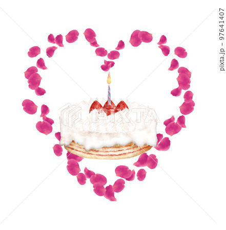 手描き水彩画のケーキにハート型花びらフレーム付き 手描き水彩画のケーキにハート型花びらフレーム付き 97641407