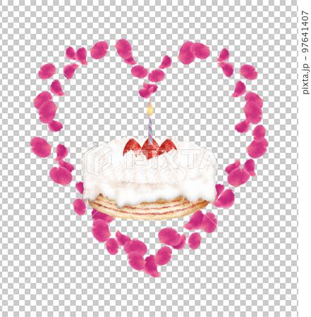 手描き水彩画のケーキにハート型花びらフレーム付き 手描き水彩画のケーキにハート型花びらフレーム付き 97641407