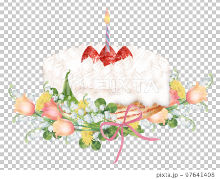 Hand-painted watercolor painting with a bouquet of flowers on a cake with candles 97641408