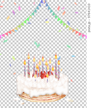 水彩画のケーキとパーティーフラッグと紙吹雪のイラスト 97641410