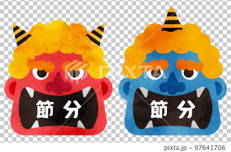 Illustration set of comical red and blue demons written as "Setsubun" (watercolor style) 97641706