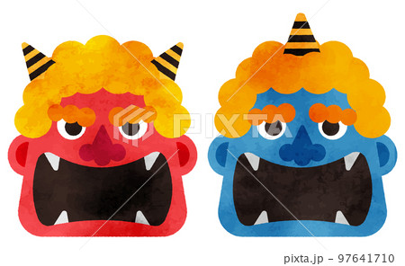 大きく口を明けた赤鬼と青鬼のイラストセット(水彩風) 97641710