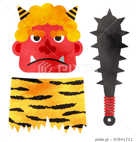 水彩タッチの赤鬼の面・パンツ・金棒のイラストセット 97641721