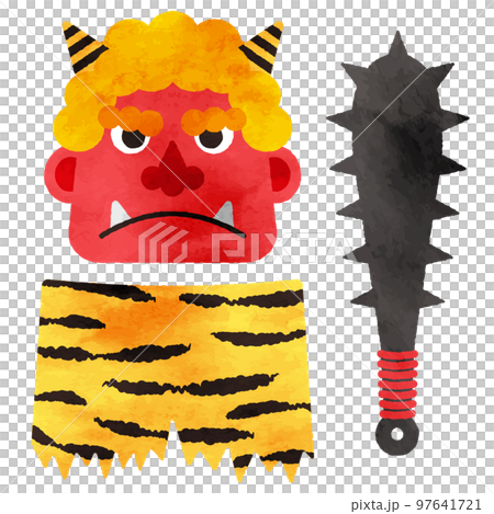 水彩タッチの赤鬼の面・パンツ・金棒のイラストセット 97641721