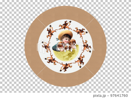 A rabbit gentleman surrounding a boy and a dog Circular package design A rabbit gentleman surrounding a boy and a dog Circular package design 97641760