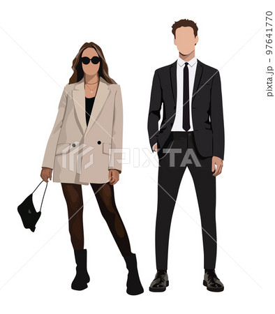 Fashionable and stylish young couple in flat style isolated on white background. Beautiful guy and girl in warm clothes. Fashionable and stylish young couple in flat style isolated on white background. Beautiful guy and girl in warm clothes. 97641770