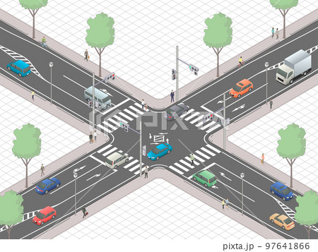アイソメトリック図法で描いた信号交差点のイメージ[C]（マス目地）+歩行者 97641866